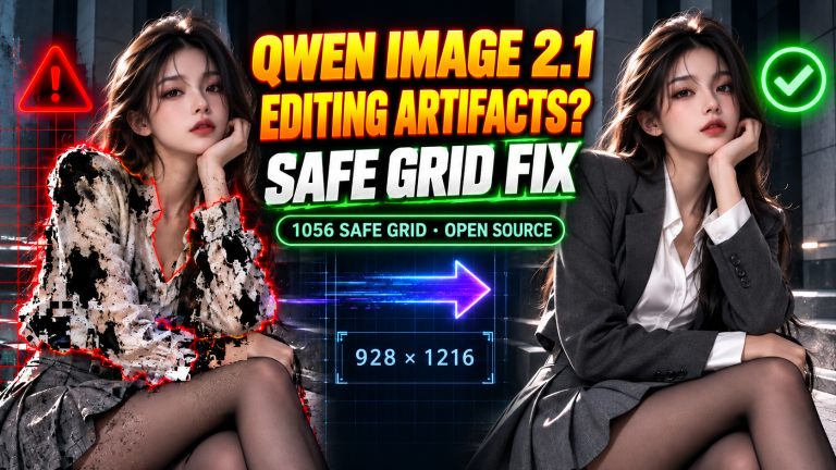 English Qwen Image Safe Studio cover comparing editing artifacts and the safe grid workflow