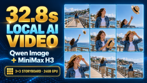 English cover showing 32.8 seconds of local AI video from a nine panel beach storyboard