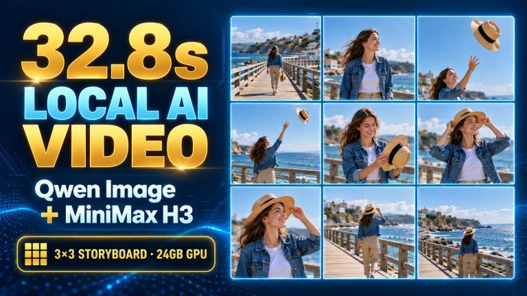 English cover showing 32.8 seconds of local AI video from a nine panel beach storyboard